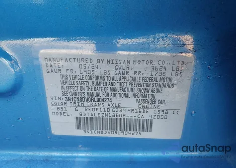 2024 Nissan Versa 1.6 S from USA, damaged, VIN 3N1CN8DV0RL904274